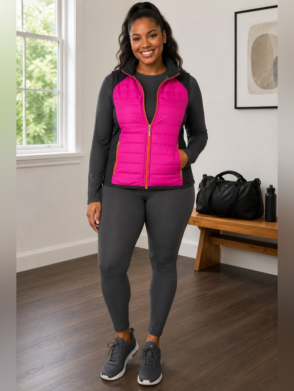 Three Hearts Fuchsia & Grey Mock Neck Quilted Puffer Vest Sz L Cabincore
